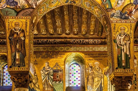 Elaborate gold mosaics with episodes from the Old and New Testatment