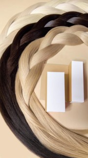 A strand of natural light hair for extensions with a box of care product