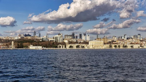 View of the Besiktas skyline from the Bosphorus with Domabahce Palace