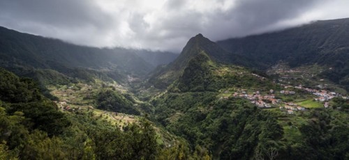Green mountain valley with forest and mountains