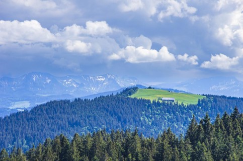 Picturesque landscape and rural area in the West Allgaeu around the village of Scheidegg near Lindau