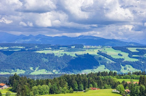 Picturesque landscape and rural area in the West Allgaeu around the village of Scheidegg near Lindau