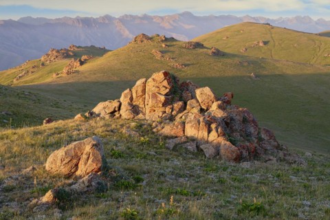 Granite Rocks at sunset near Song Kol Lake