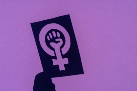 Shadow of the symbol of the fight for feminism on a purple background