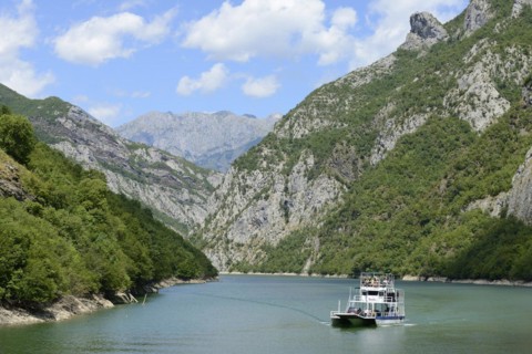 Car ferry on the dammed river Drin