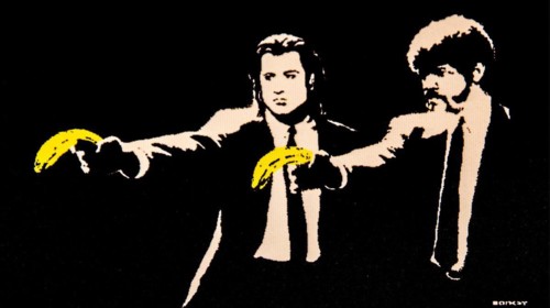 Smuel Jackson and John Travplta hold bananas instead of guns in Pulp Fiction