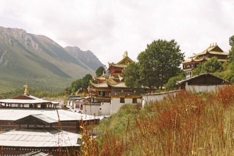 Golden temple roofs and green valleys in the mountain landscape