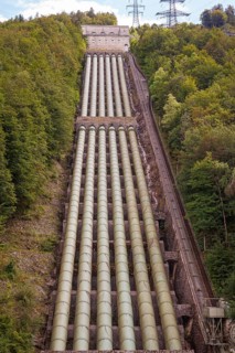 Water pipes and cableway between Walchensee and Lake Kochel for the largest high-pressure storage power plant