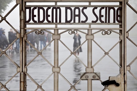 Entrance gate to beech forest concentration camp with the saying Jedem das Seine