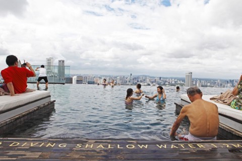 View from the 57th floor rooftop pool at Marina Bay Sands Hotel