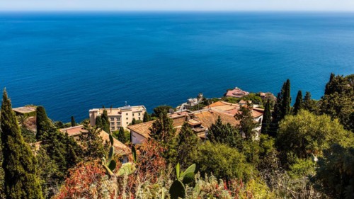 Taormina on a rock terrace on the slope of Monte Tauro