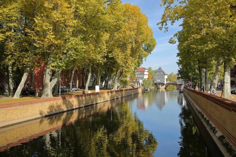 River Nahe with avenue during autumn and view of bridge houses