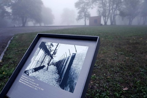 Photo as a memento at the site of the isolation hut in beech forest concentration camp