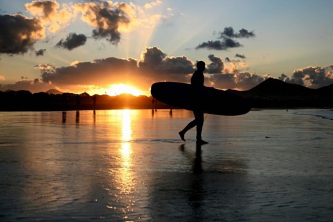 Surfers on the beach of Caleta de Famara