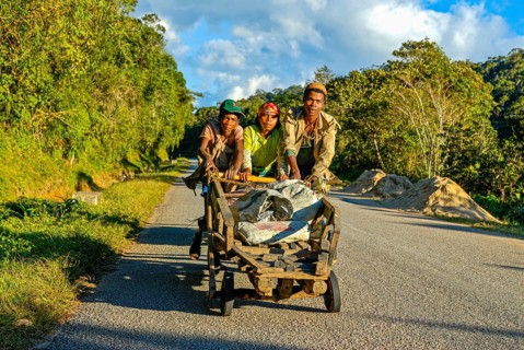 Young boys pushing self made carts up the hill