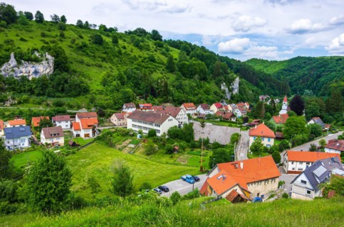 View over the village of Seeburg on the Swabian Alb between Bad Urach and Muensingen