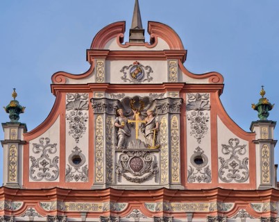 Detail Historic town hall with a magnificent rococo facade on the main square