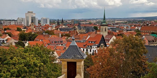 City view of Petersberg Citadel with old architecture of the old town and new buildings