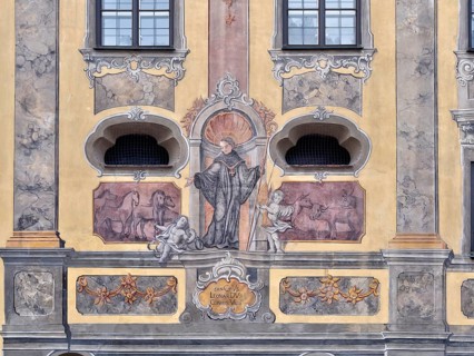 Detail of the painted facade of the former Ursuline Church of the Holy Trinity and Adult Education Centre today