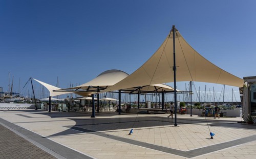 Sun canopy in the harbour area of Puerto Calero