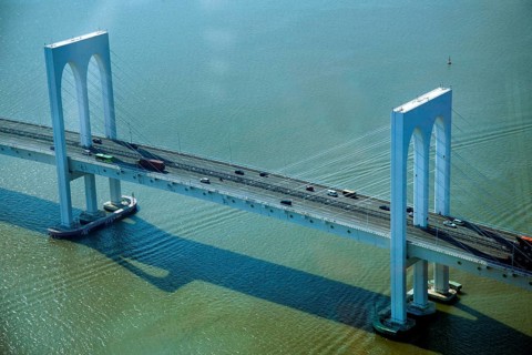 View from Macau Tower of the cable-stayed Sai Van Bridge over Praia Grande Bay