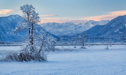 Winter landscape in the Murnauer moss with the Alpspitze 2628m in the Wetterstein Mountains
