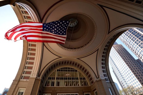 American flag in the arch of Rowes Wharf