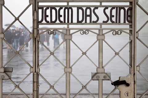 Entrance gate to beech forest concentration camp with the saying Jedem das Seine