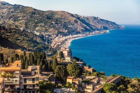 Taormina on a rock terrace on the slope of Monte Tauro