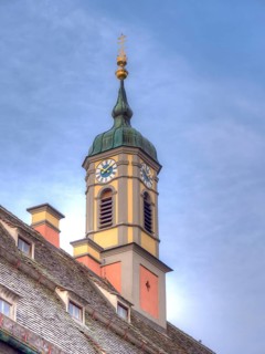 The tower above the roof of the former Ursuline Church of the Holy Trinity and Adult Education Centre today