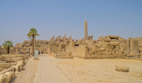 Temple ruins with 2 obelisks in the temple area of Thutmosis III
