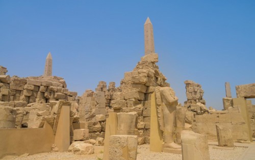 Temple ruins with 2 obelisks in the temple area of Thutmosis III