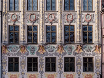 Detail Historic town hall with a magnificent rococo facade on the main square