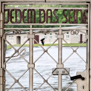 Entrance gate to beech forest concentration camp with the saying Jedem das Seine