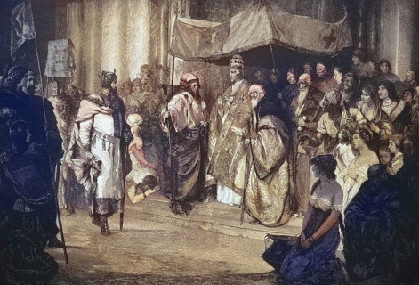 Meeting of Emperor Frederick Barbarossa and Pope Alexander III on 24 June 1177. Frederick