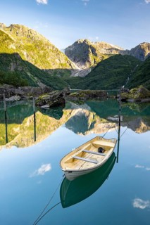 Glacial lake Bondhusvatnet with rowing boat
