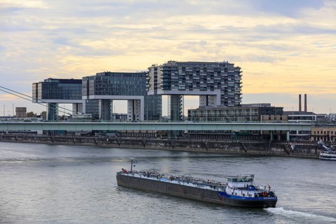View across the Rhine to the crane houses Rheinauhafen