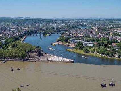 Deutsches Eck with Kaiser Wilhelm I monument and cable car cabins at the confluence of the Moselle and Rhine