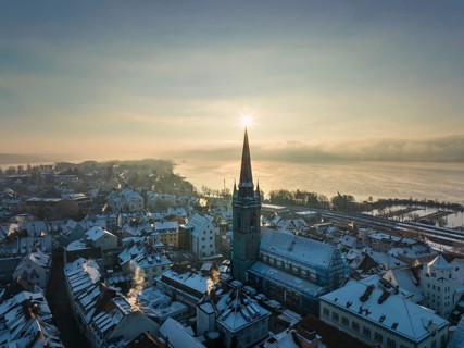 Aerial view of the town of Radolfzell on Lake Constance in winter with the Radolfzell Minster District of Constance