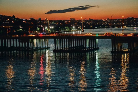 Ataturk bridge on Golden Horn at night on display