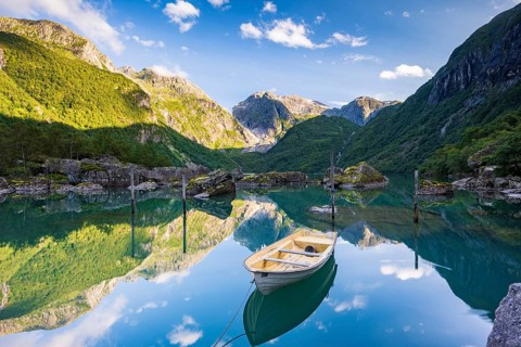 Glacial lake Bondhusvatnet with rowing boat