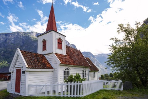 Scandinavias smallest stave church in Undredal on the Aurlandsfjord in Norway