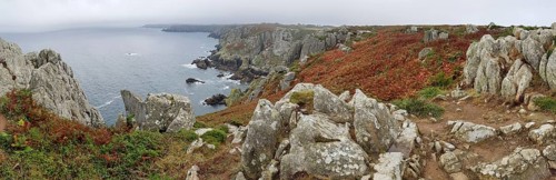 Panoramic photo of rocks and vegetation at Cape Pointe du Van