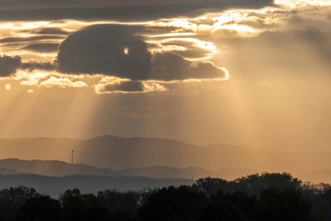 Wind turbines on the mountains of the Black Forest at dawn. Freiburg brisgau