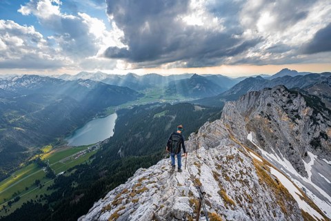 Mountaineer on the ridge between Rote Flueh and Schartschrofen