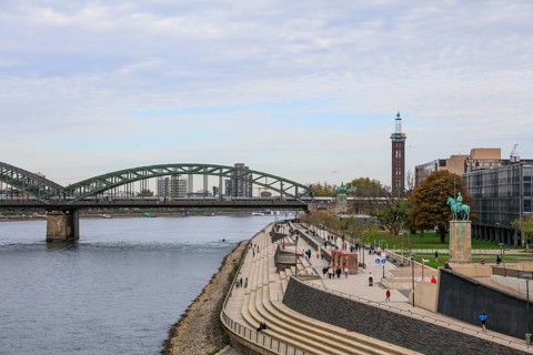View from Deutz Bridge onto the Rhine promenade Cologne Deutz