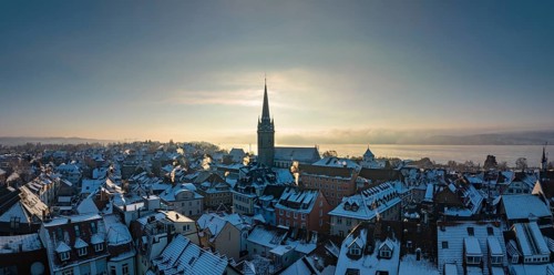 Aerial view of the town of Radolfzell on Lake Constance in winter with the Radolfzell Minster District of Constance