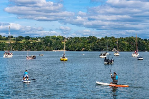 People on Paddle Boards and Yachts on River Dart over Dittisham and Greenway Quay