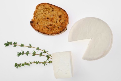 Top view of small goat cheese head and piece of toast