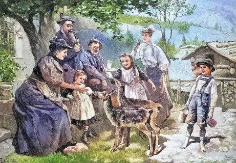 Two motherless fawns being bottle-fed by a farmer's family